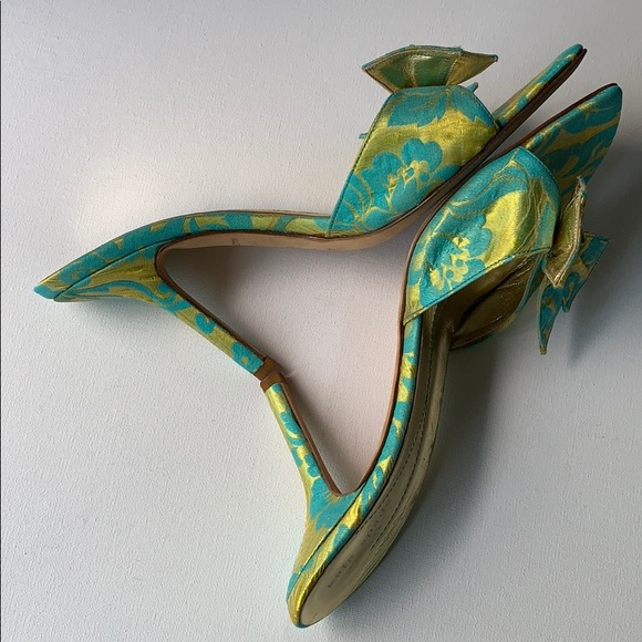 Kate Spade Bow Heel Green Blue Brocade Sandals - Picture 4 of 16